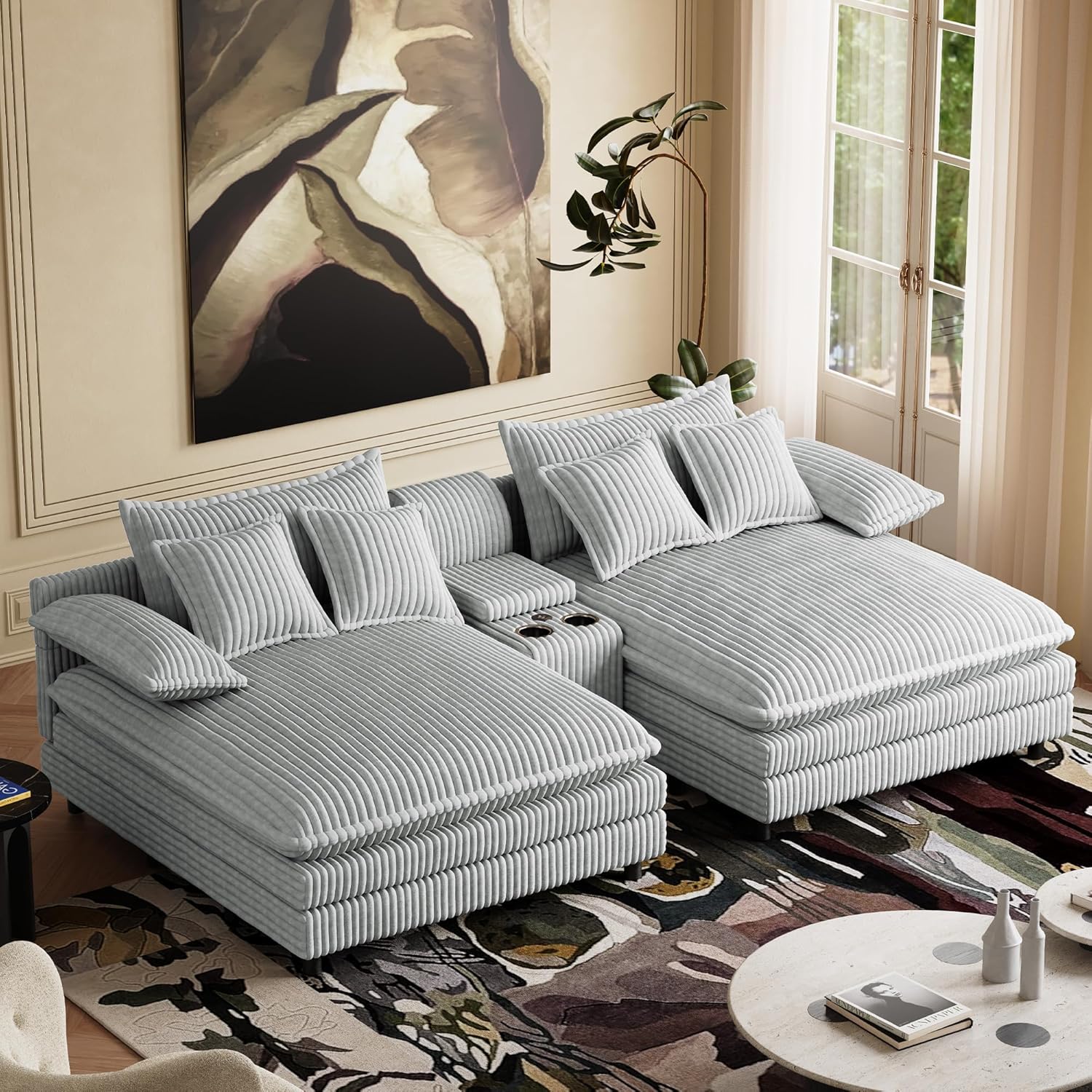 Oversized Chaise Lounge Chair Indoor with Cup Holders, Fast Charging USB, Storage & Adjustable Backrest, 114Wx 59D Comfy Corduroy Sleeper Loveseat Fluffy Reading Chairs for Living Room, Grey