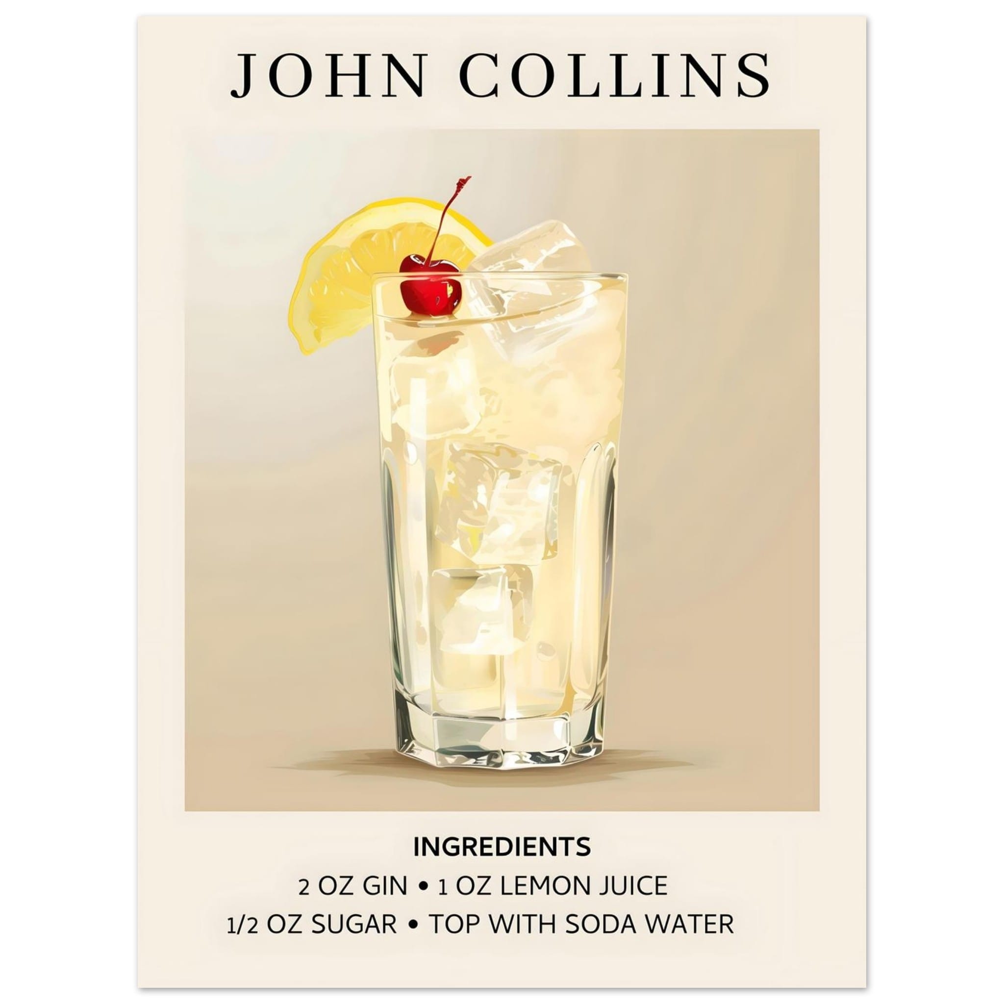 Artfulprints Poster John Collins cocktail - Ingrediënten  - 30x40 cm - Taupe
