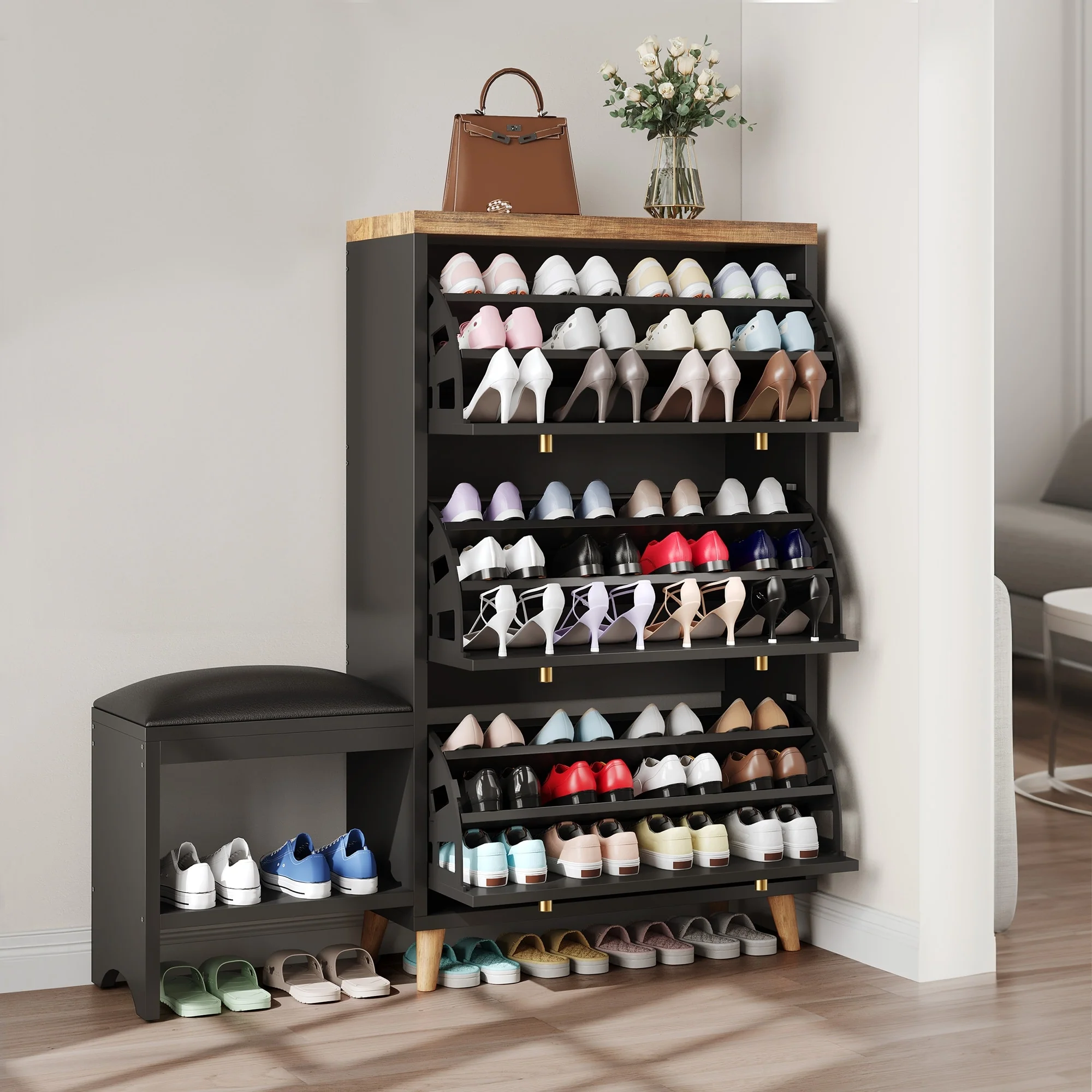 Moasis 36 Pair Shoe Storage Cabinet with 3 Flip Drawers and Shoe Bench