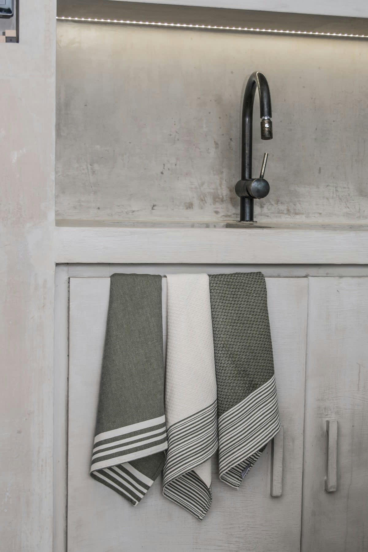 ESSENTIELLE - Torchons (x3) coton  60x40 vert kaki / écru