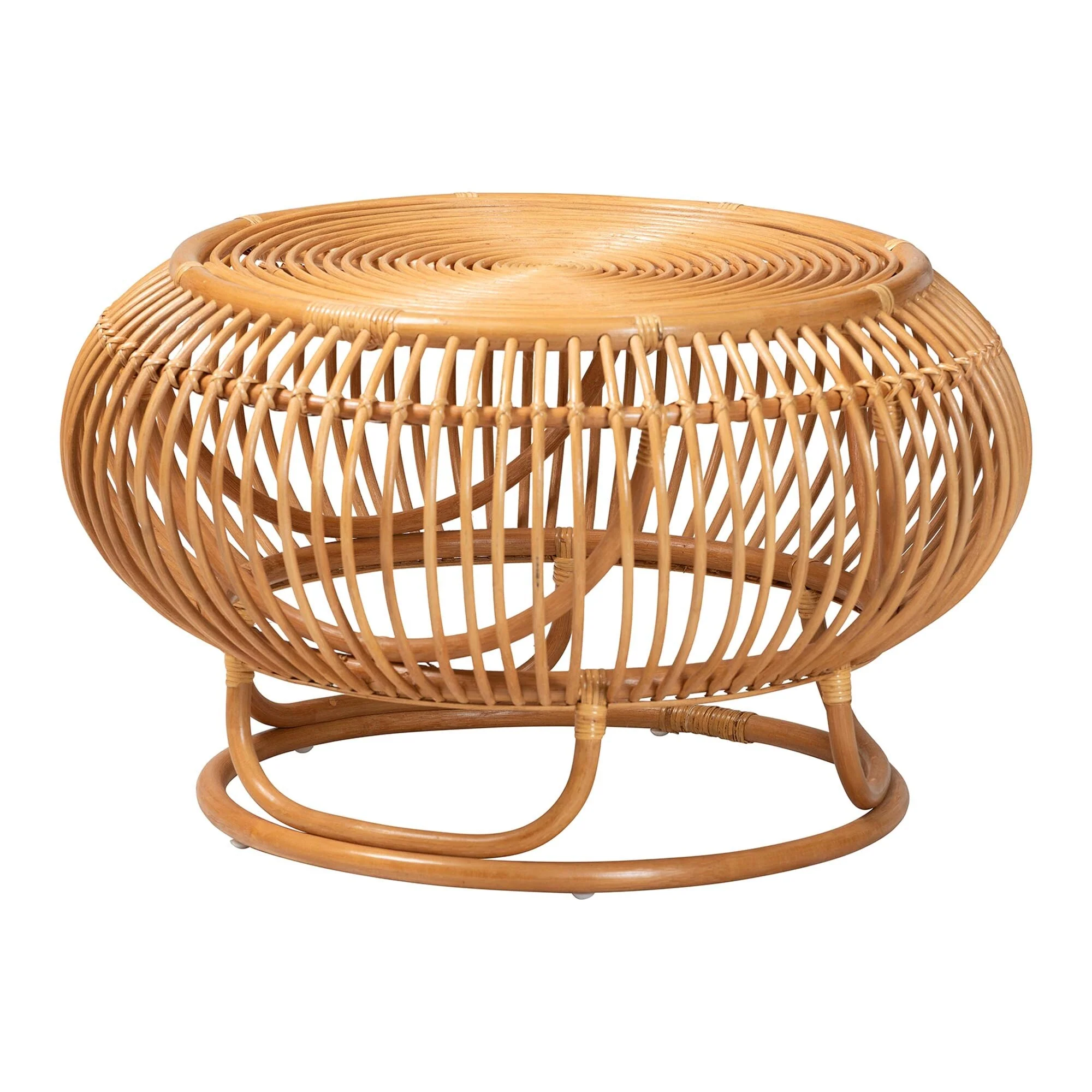 Adeola Round Lantern-Shaped Rattan Coffee Table - Handcrafted Coastal Boho Style Centerpiece for Living Room, Den, or Sunroom
