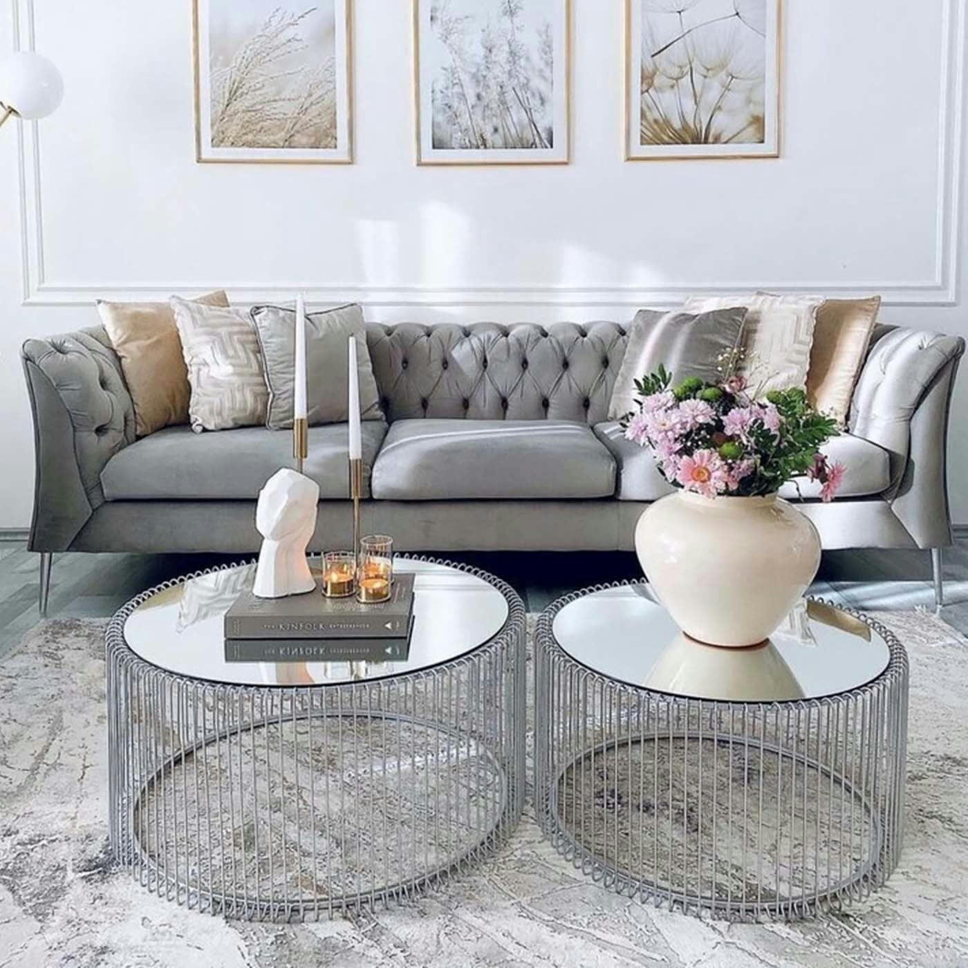 WIRE - 2 tables basses rondes en acier argenté et verre miroir