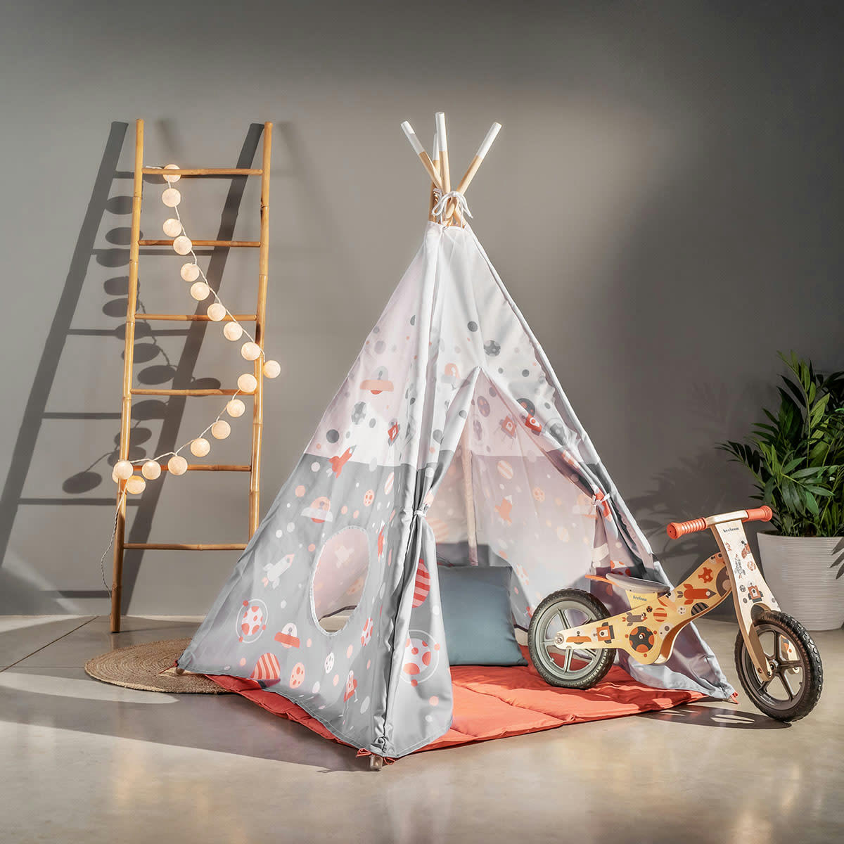 - Tente tipi pour enfant en bois naturel et polyester imperméable gris
