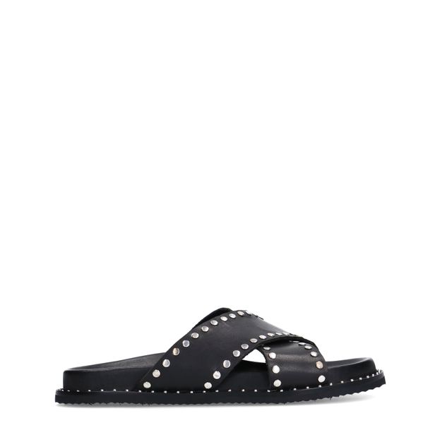 Zwarte leren slippers met zilverkleurige studs