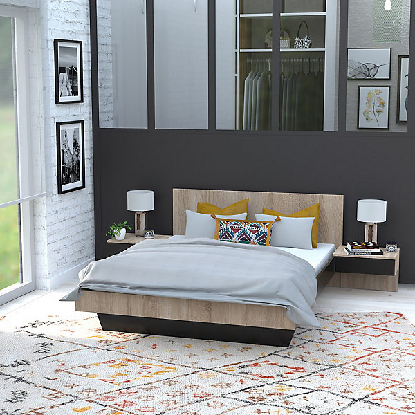 Lit 2 places 140x190cm Noir et chêne CAIL inclus sommier et 2 chevets