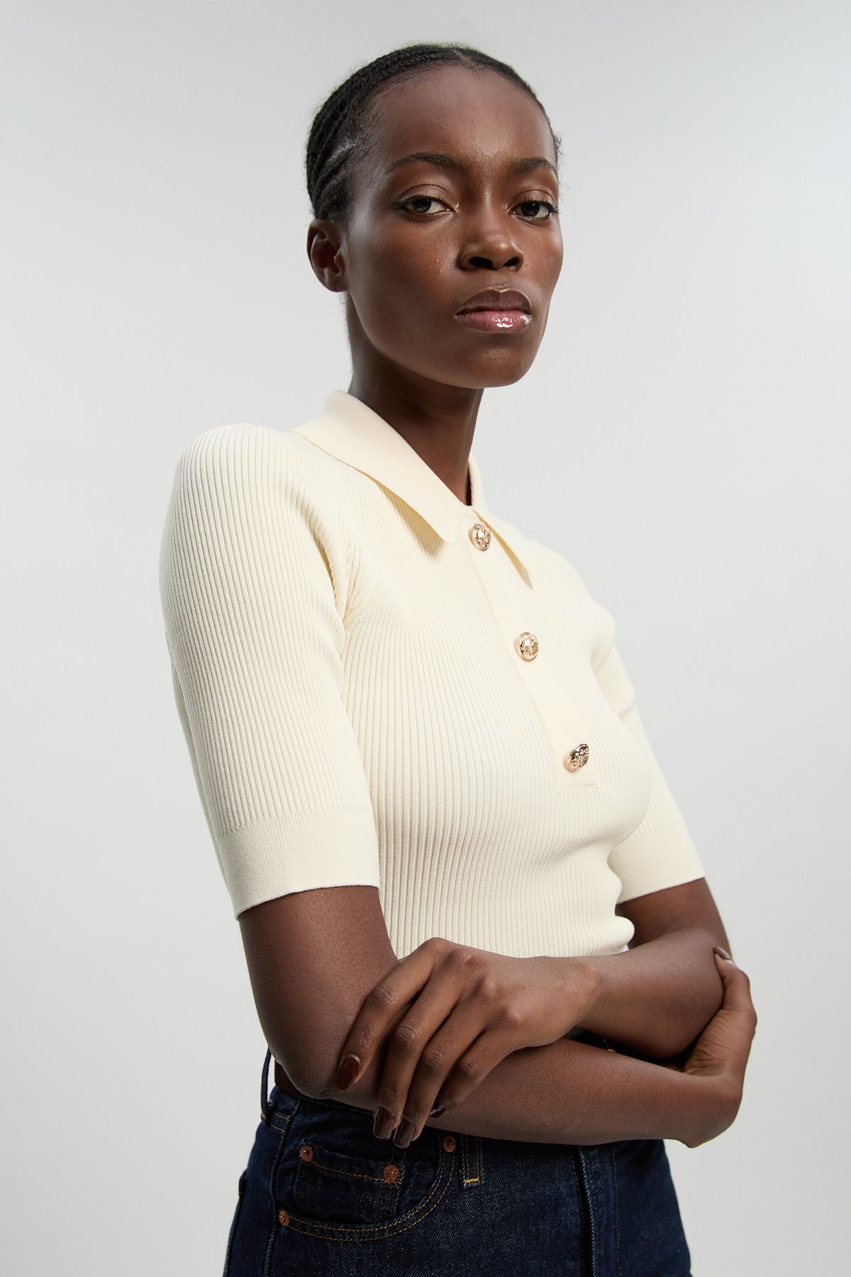 KarenMillen Rib Knit Military Short Sleeve Top