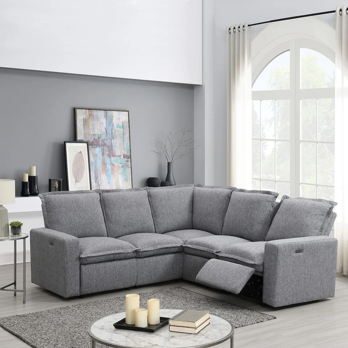 Power Recliner Chair Linen Upholstered L-Shaped Sectional Sofa, Home Theater Seating Soft Chair with USB Port for Living Room