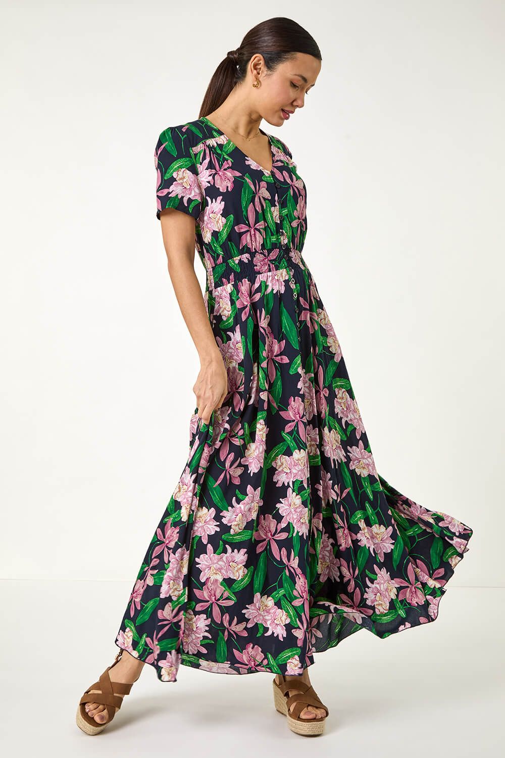 Roman Floral Shirred Maxi Dress