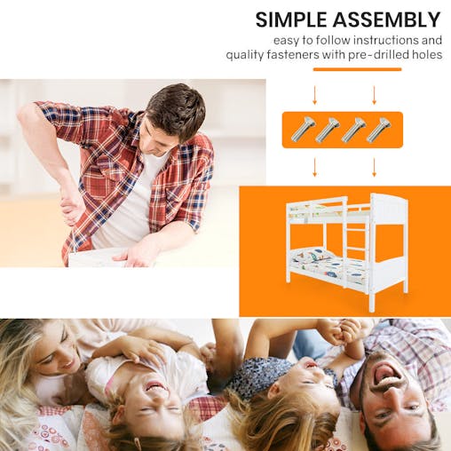 NNEMB Single Bunk Bed Frame Solid Pine Wood Timber-Modular Design-White
