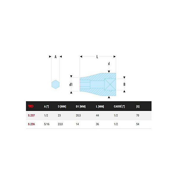 Douille 1/2'' porte-embouts 1/2'' longueur 44mm - FACOM - S.237