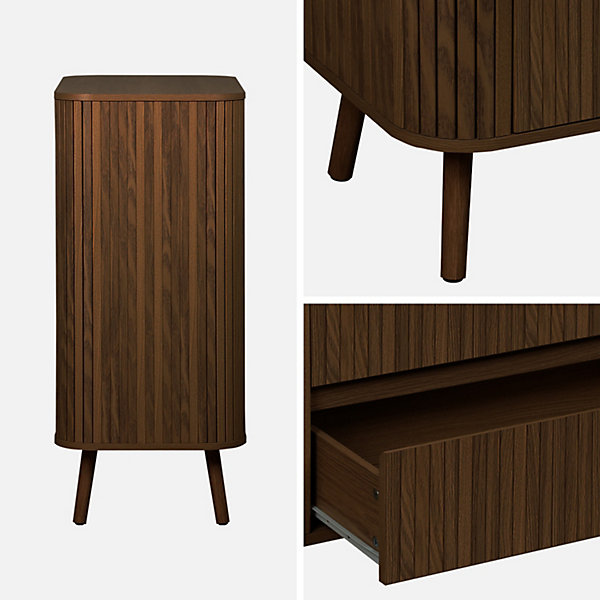 Commode 4 tiroirs. décor strié noyer. L 80x P 45H 100cm