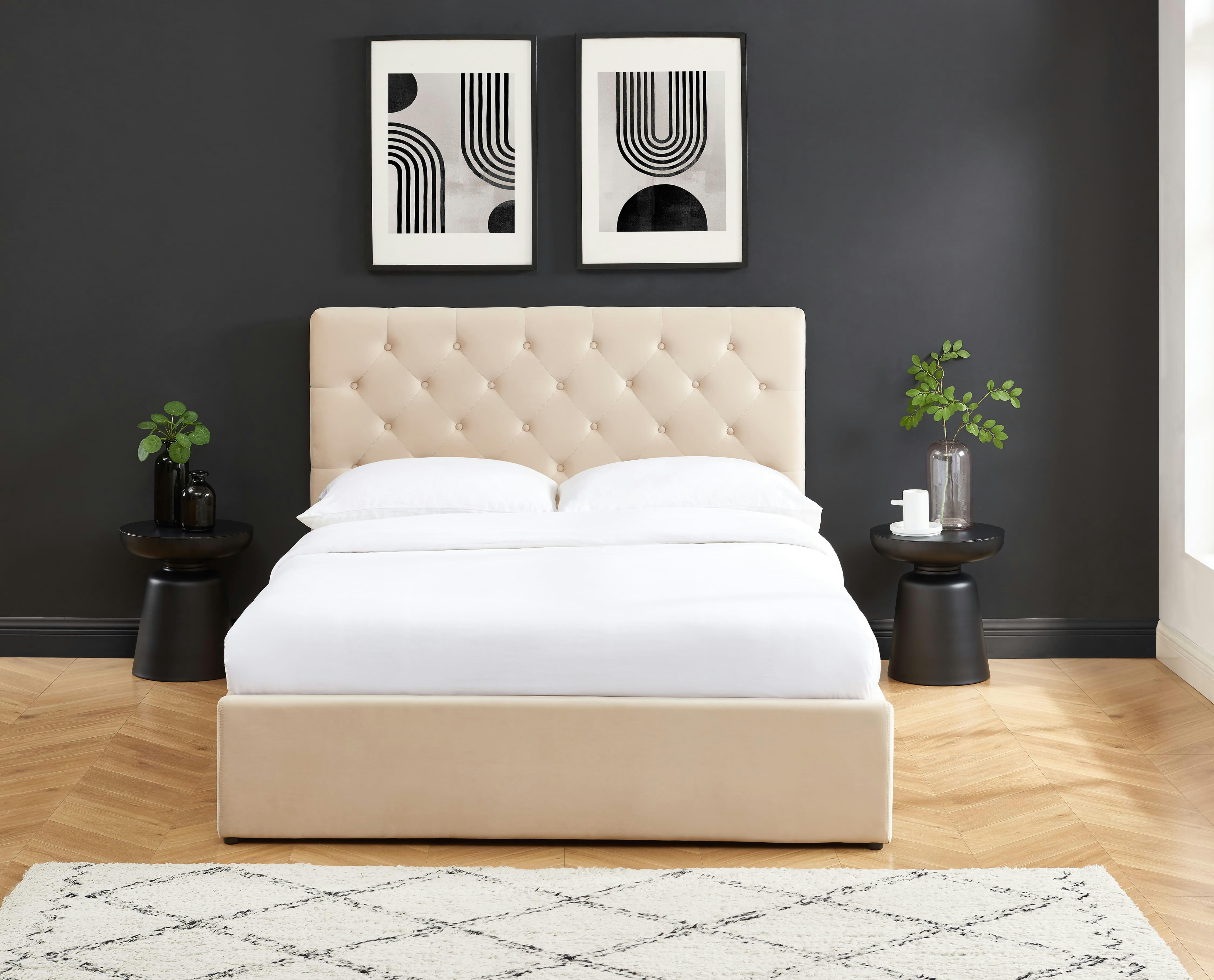 HUBERT - Lit double avec coffre   velours beige 140x190 sommier inclus