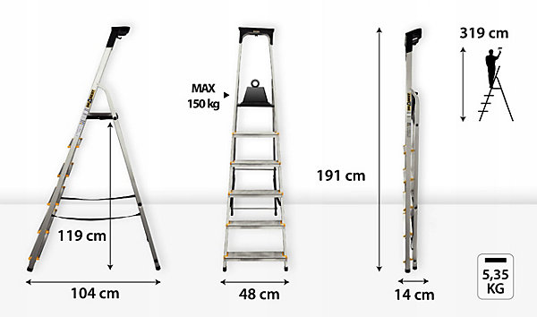 échelle en aluminium 6 marches PRO DRABEST avec étagère, capacité de charge 150 kg, 1 pièce.