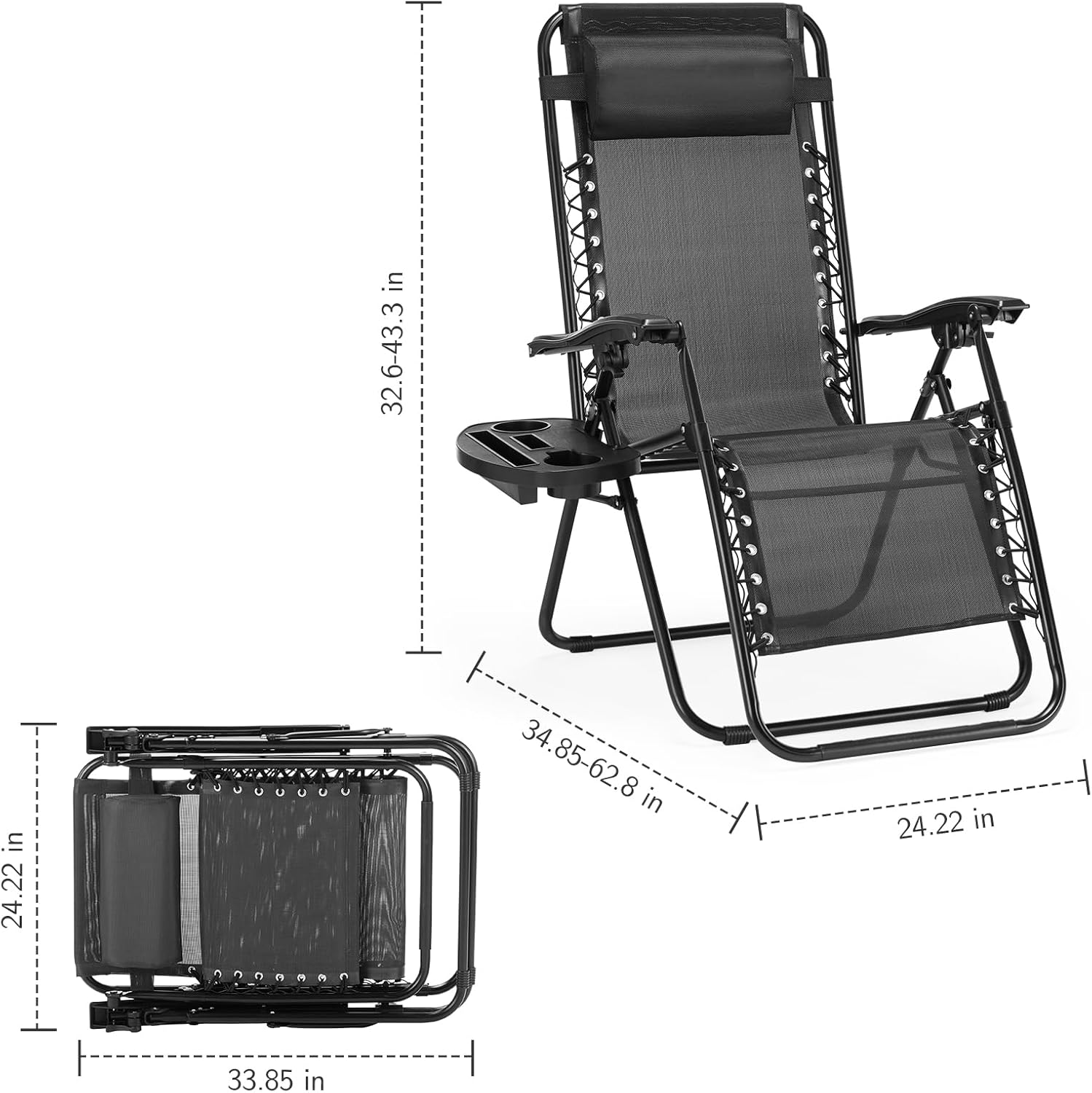 Sweetcrispy Zero Gravity Chairs, Set of 4 Portable Recliner Beach Camping Patio Outdoor Folding Lounge Chair with Cup Holder Trays and Adjustable Pillow for Poolside, Garden, Backyard, Lawn (Black)