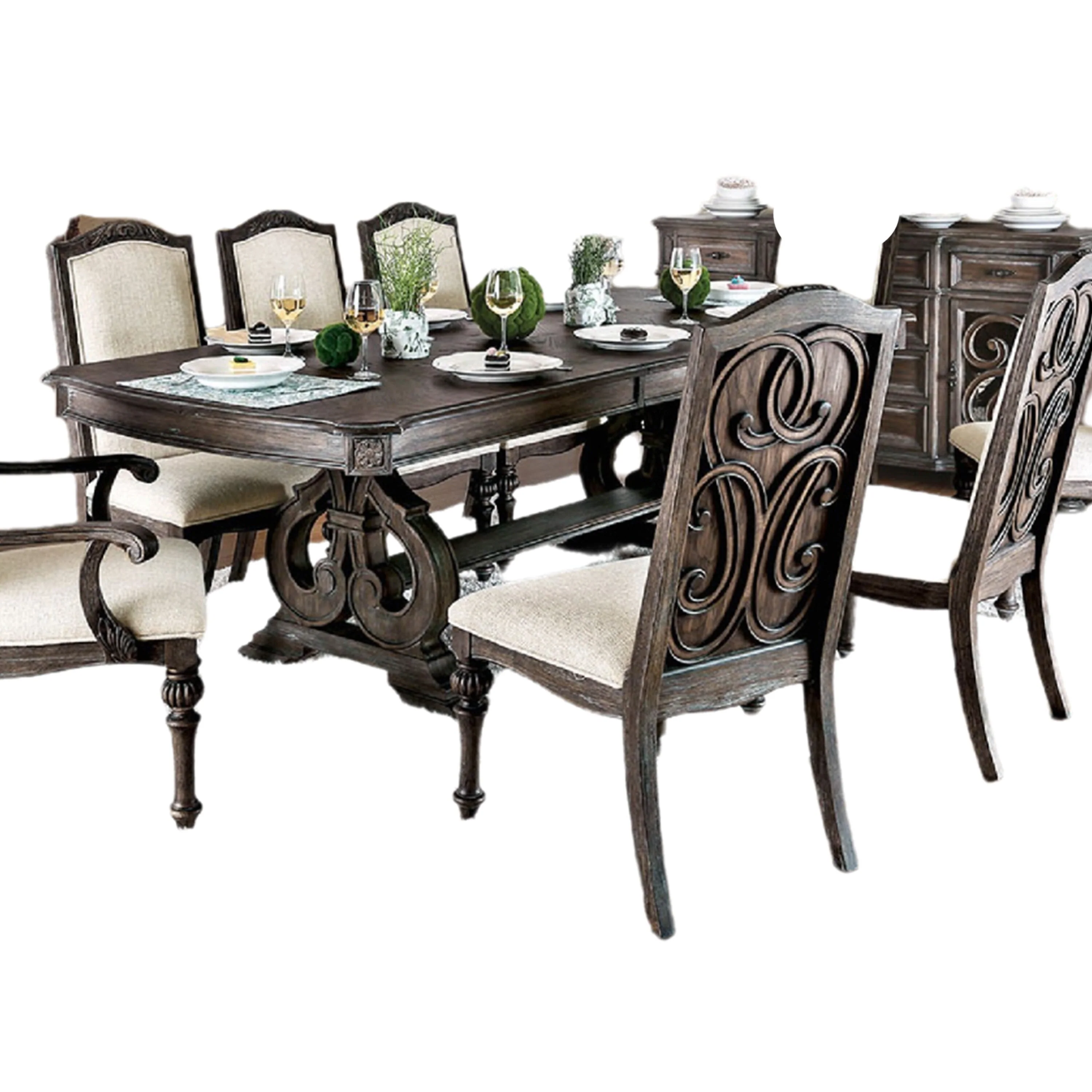 Arca 9pc Dining Table Set with 8 Ivory Fabric Chair, Rustic Solid Wood
