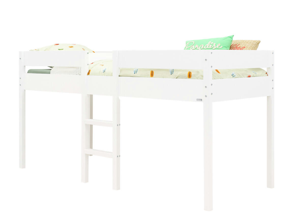 MICK - Lit mezzanine mi-hauteur 90x200 blanc en MDF et hêtre