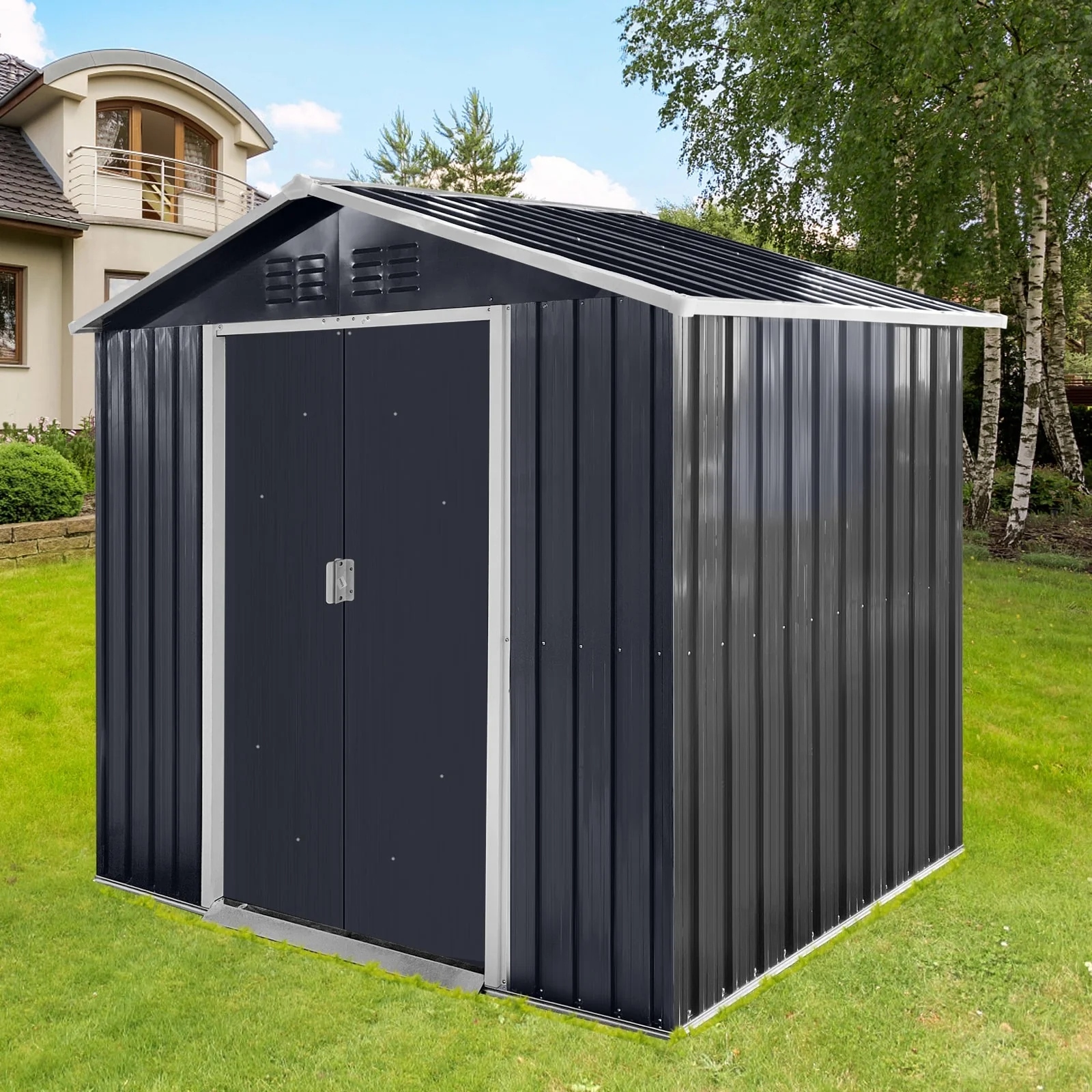 GDFStudio - Caleb 7x4.3 FT Compact Metal Garden Shed with Sliding Door and Window Ventilation