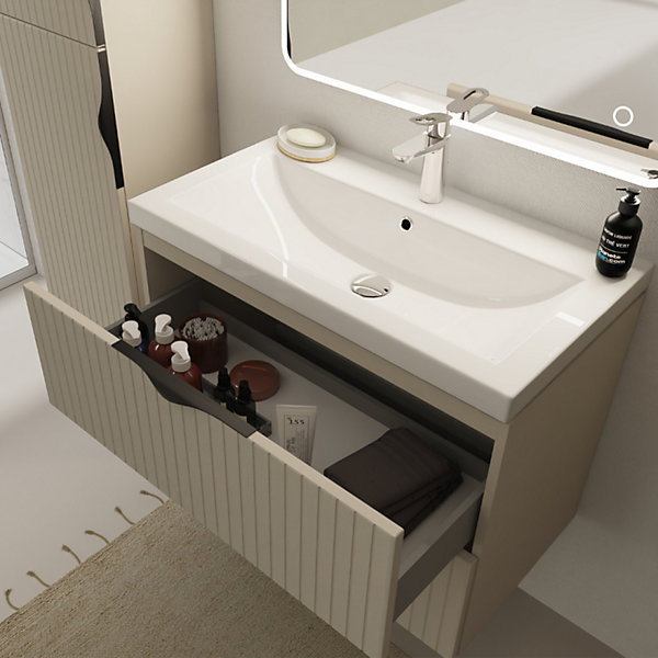 Meuble salle de bain strié - 80 cm - avec plan vasque - Beige cachemire mat - à suspendre - Tirso