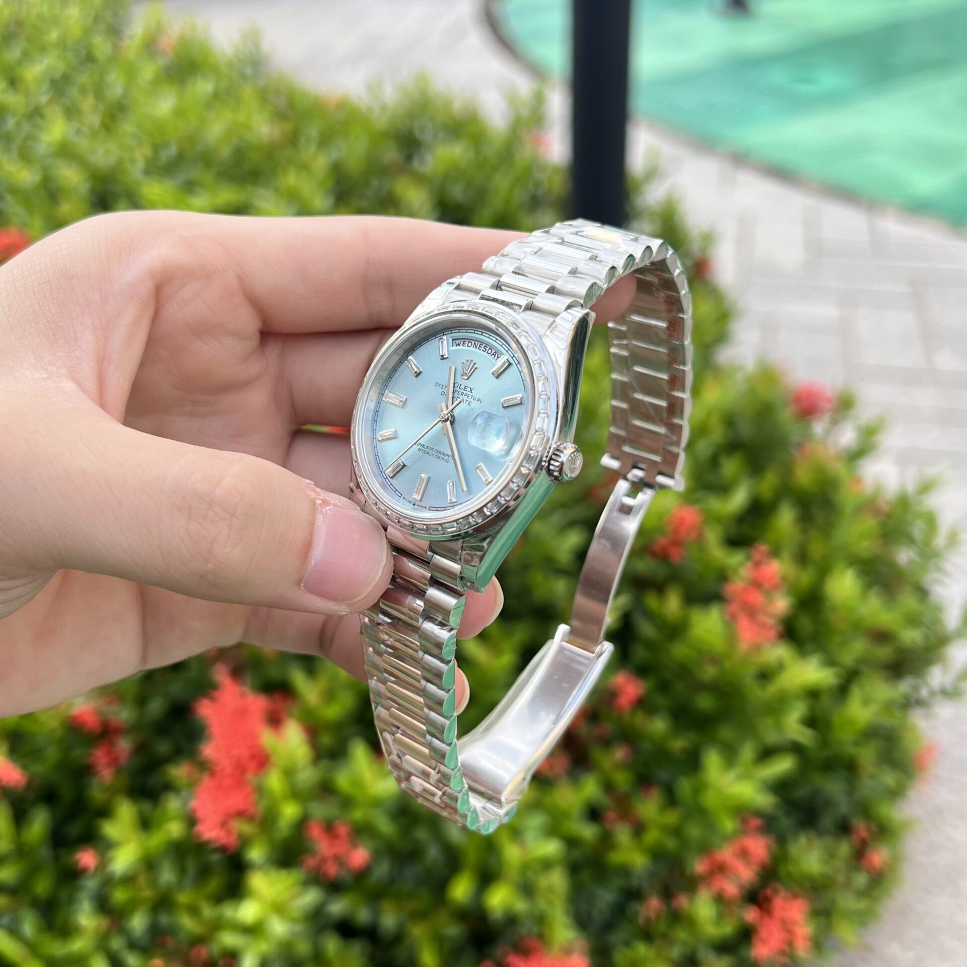 Rolex Day-Date 316L Steel Ice Blue Dial CZ Diamonds 40mm GSF Replica