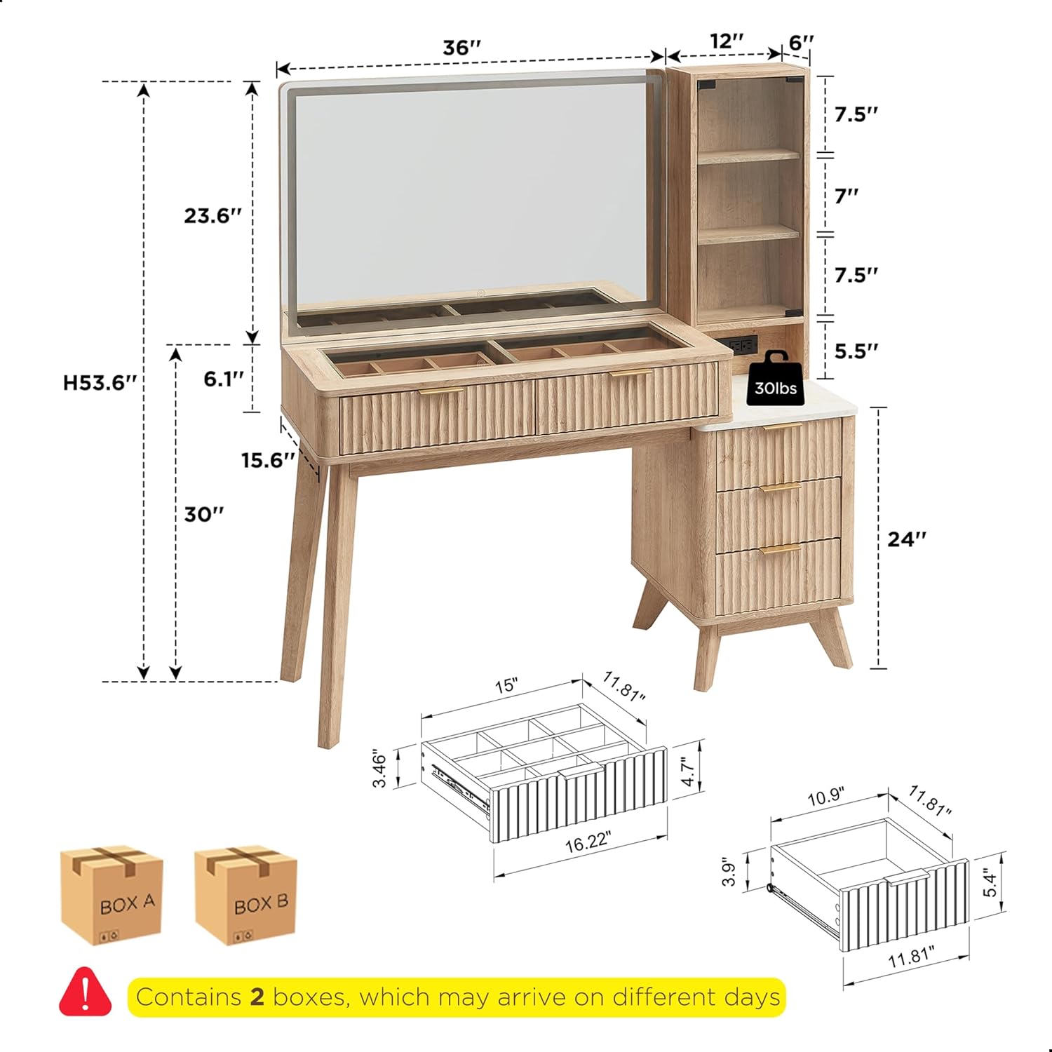 T4TREAM 48 Fluted Makeup Vanity Desk with Large 36 Mirror and Lights, Modern Glass Top Big Vanity Table with 5 Drawers & Adjustable Shelves, Dressing Table Set w/Charging Station for Bedroom, Oak