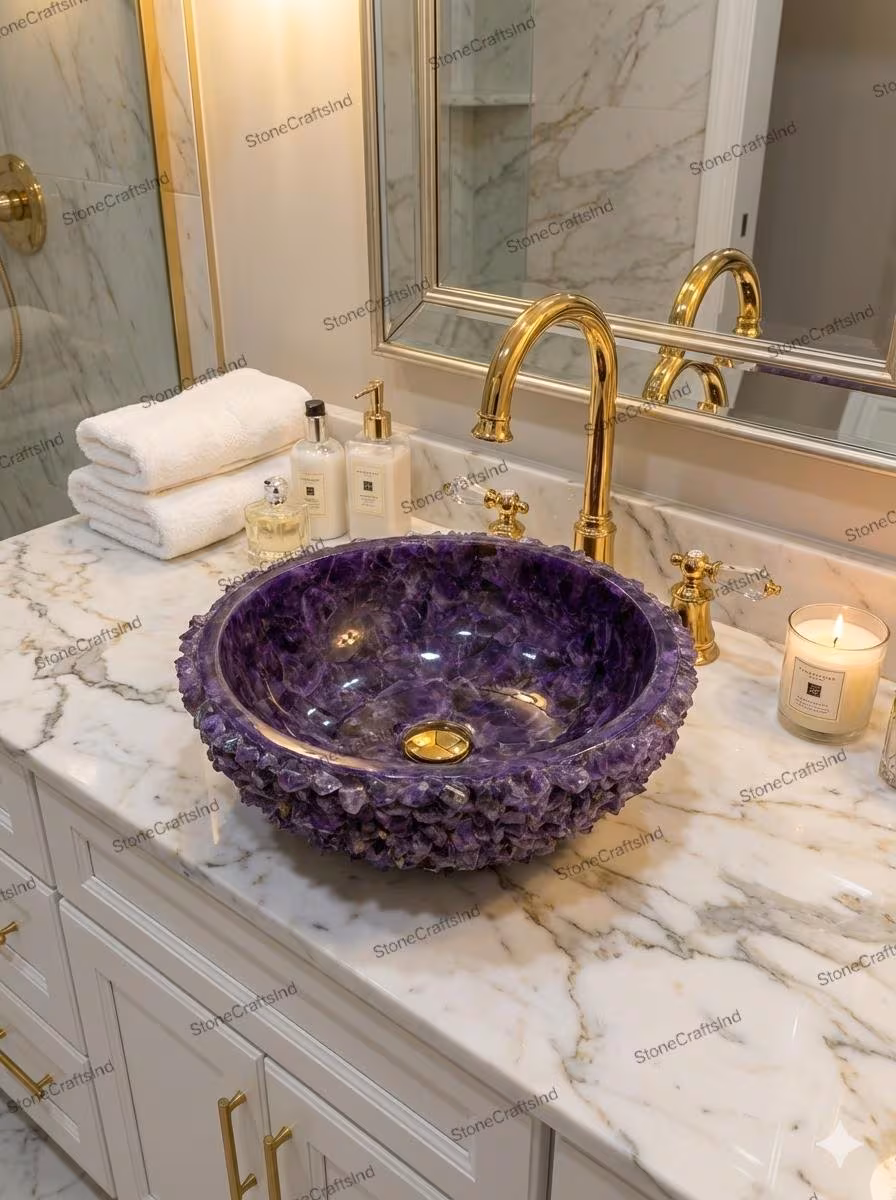 Amethyst Rock Stone Vessel Sink: Handmade Sink for Luxury Spa & Bathroom Wash Basin