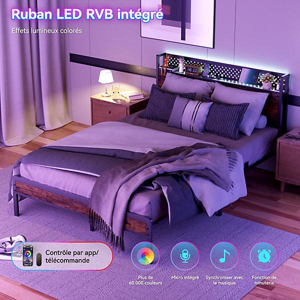 Cadre de Lit 140x190 cm avec LED, Sommier Lit Double Marron, Station Charge USB, Rangement sous Lit 22 cm