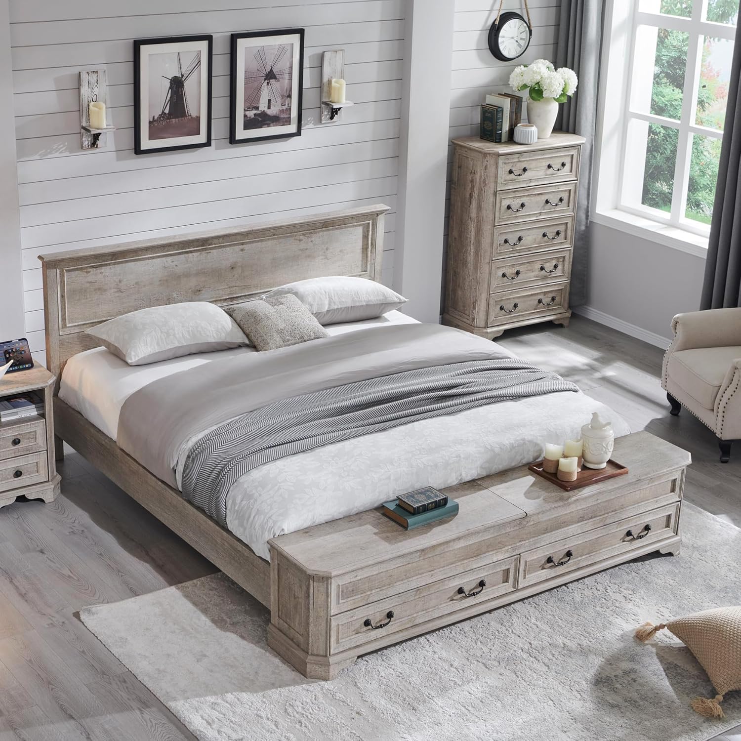 T4TREAM Farmhouse King Bed with Headboard and Storage Bench, Rustic Wood Platform Bed with 80 Storage Chest w/ 4 Large Drawer, Light Rustic Oak