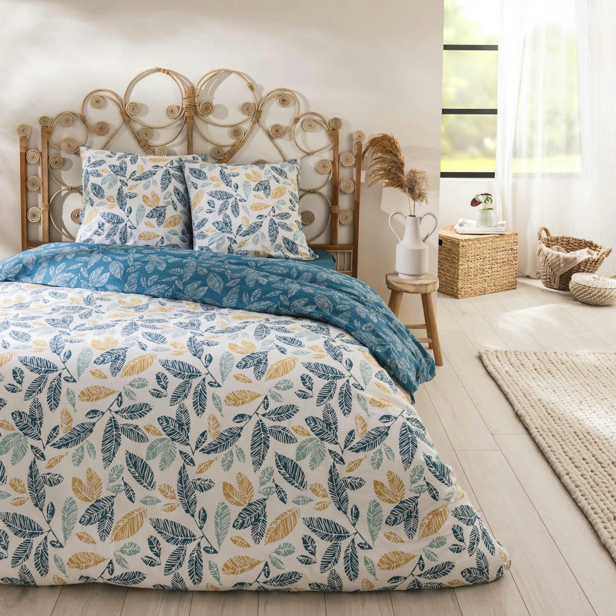 NATOU - Parure de lit 2 personnes coton  imprimé bleu 260x240cm