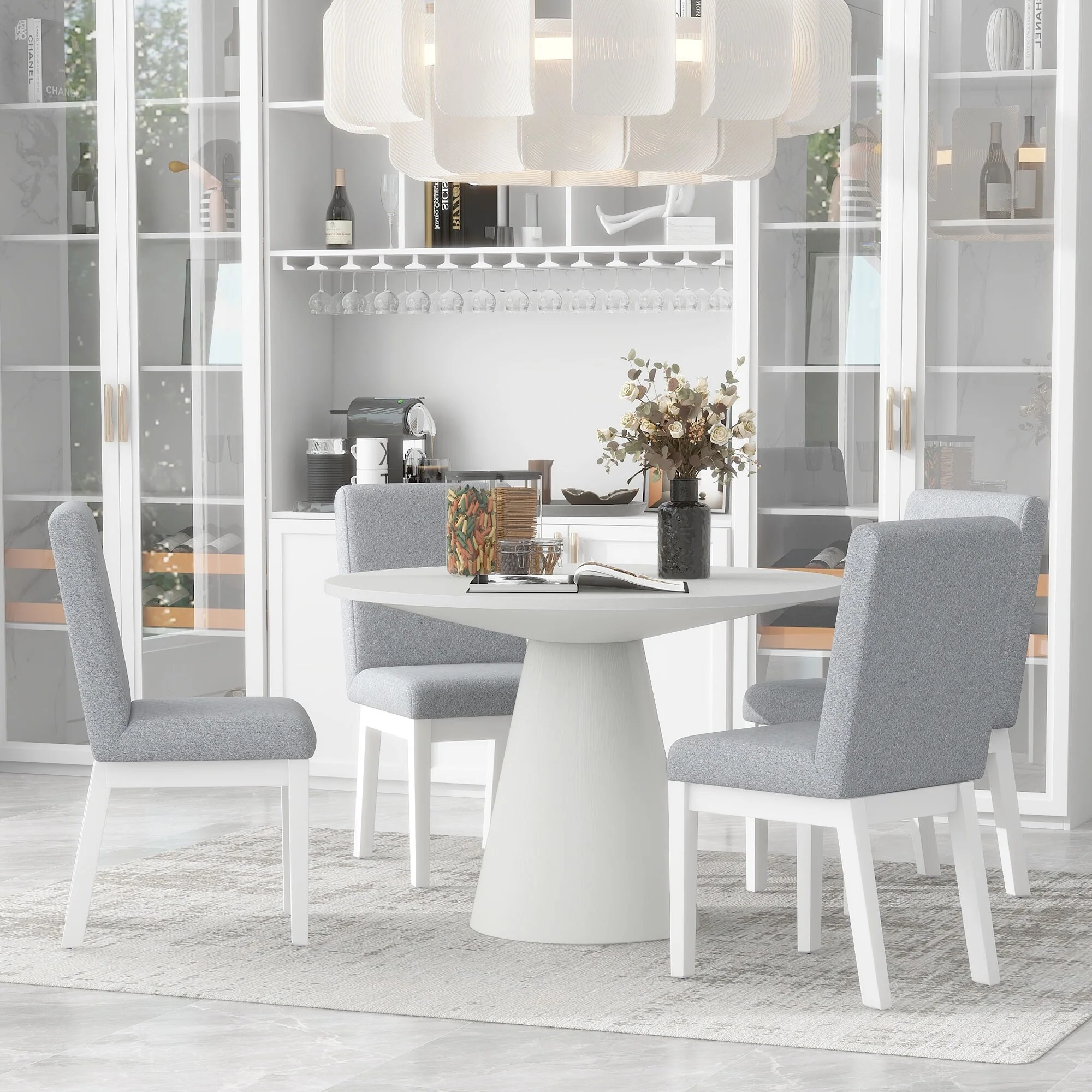 White 5-Piece Dining Table Set with Round Table & 4 Upholstered Chairs