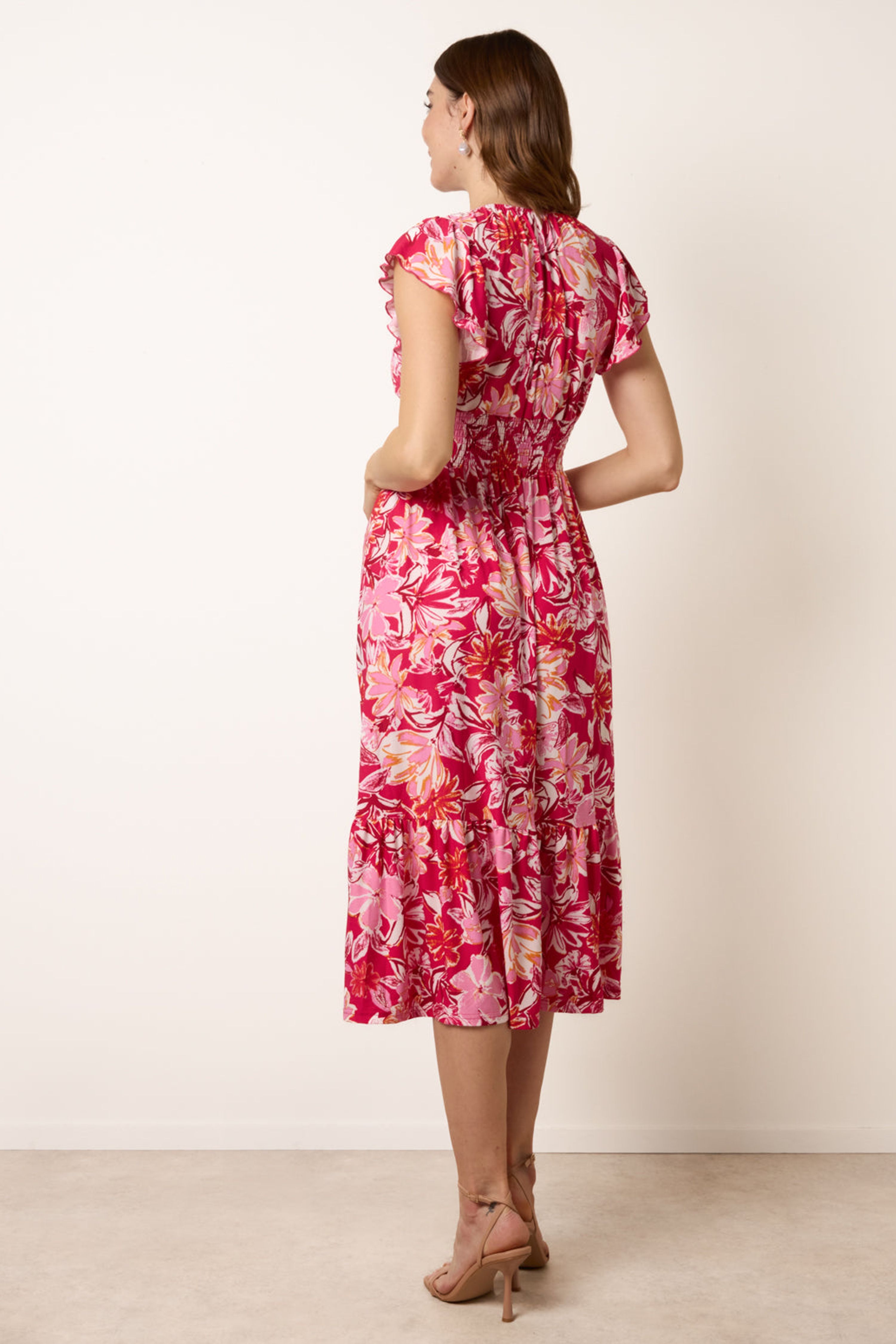 Blue Vanilla Pink Tropical Print Flutter Sleeve Midi Dress