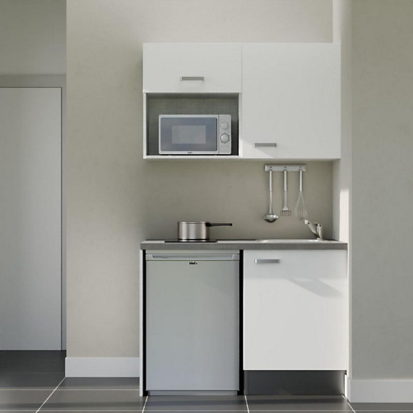 Kitchenette K07 façades Blanc - Plan de travail Gris béton - Crédences : Non - Evier inox - Electroménager Inox inclus