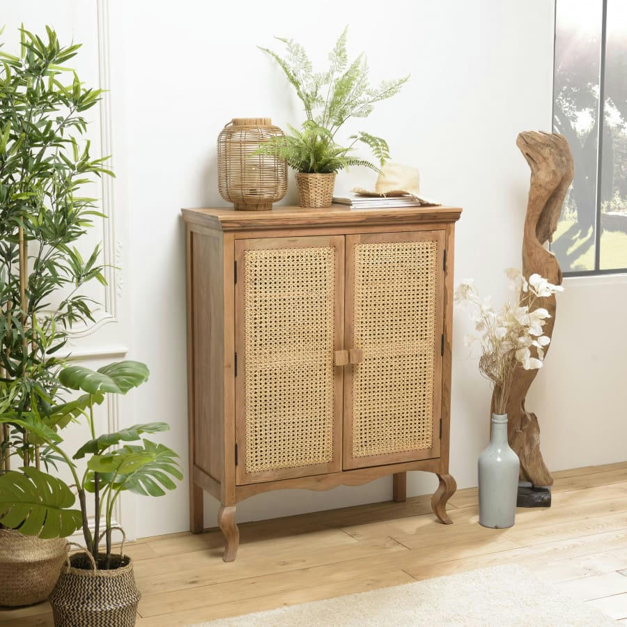 ISA - Meuble marron 2 portes bois de jamelonier et cannage naturel