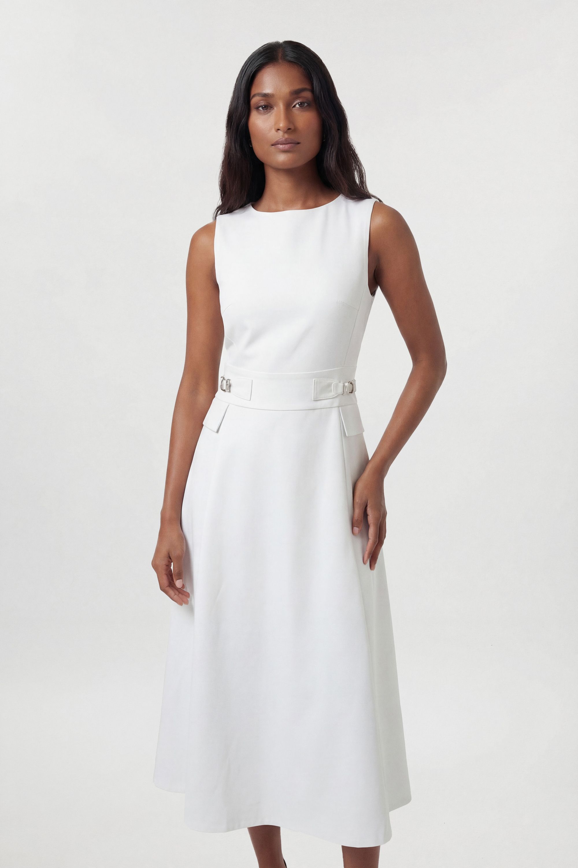 KarenMillen Petite Premium Cotton Tailored Fabric Belted Buckle Midi Dress