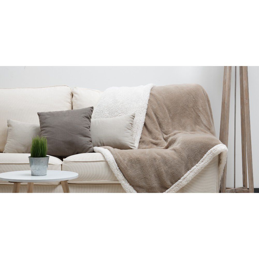 Plaid polaire réversible imitation fourrure taupe et blanc