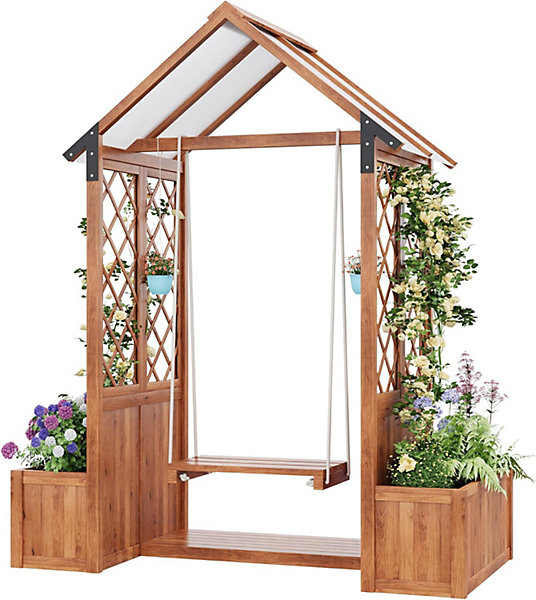 Jardinière avec balançoire extérieure, treillis, toit en polycarbonate, bois massif brun