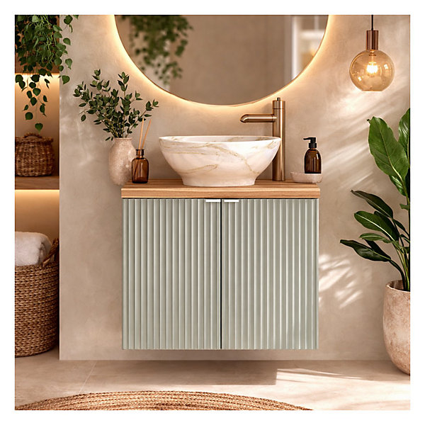 Ensemble ELVINA 60cm : meuble sous vasque à placards vert sauge gris et plan pour vasque aspect bois et vasque à poser marbrée