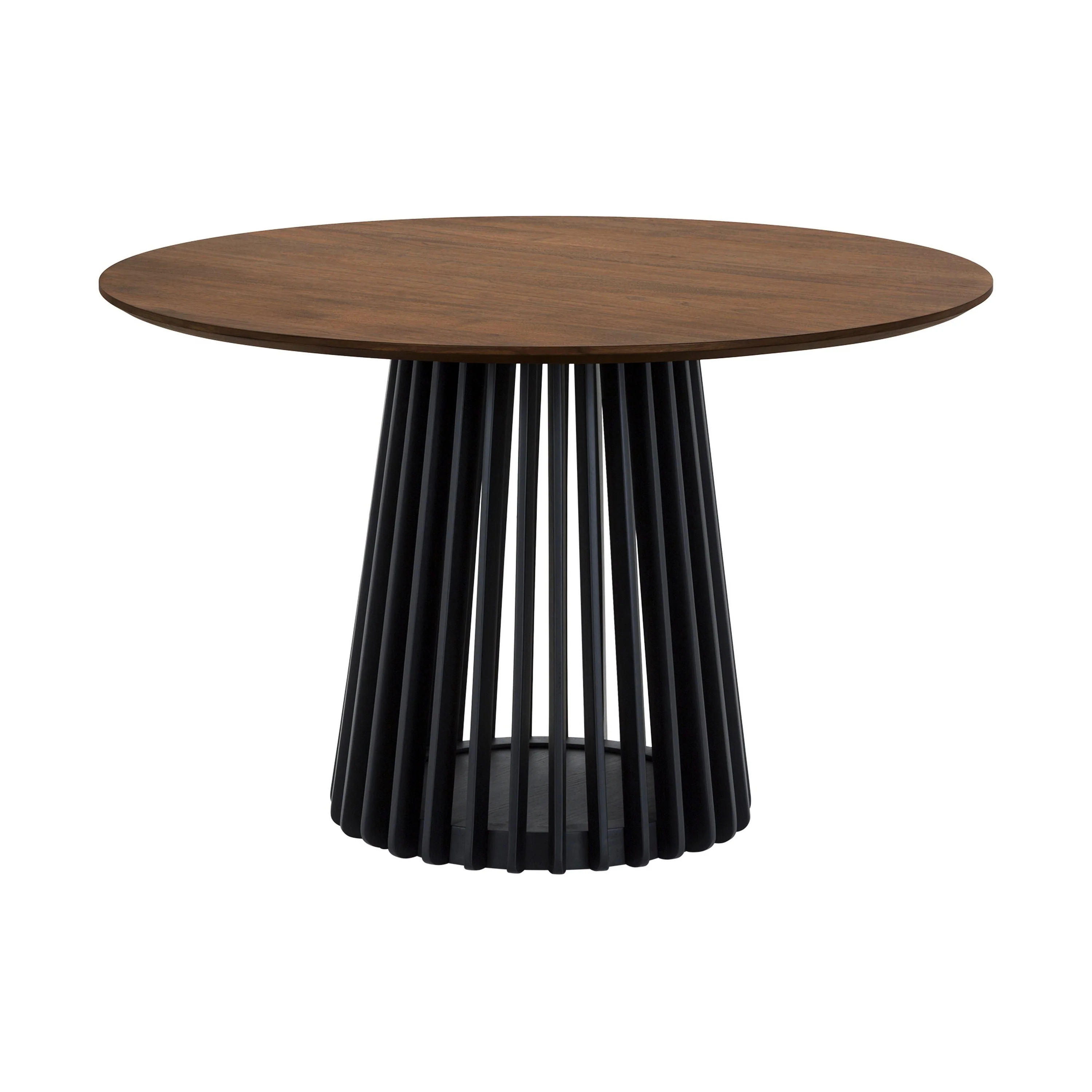Dyan Dining Table, 47 Inch Round Walnut Brown Top, Slatted Black Open Base