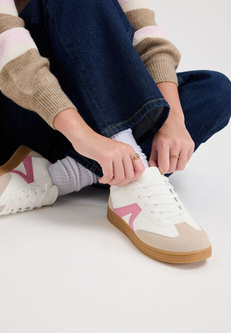 Womens White & Pink Stripe Retro Trainers