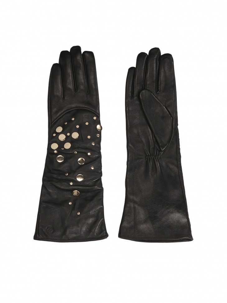 Long black gloves decorated with gold rivets