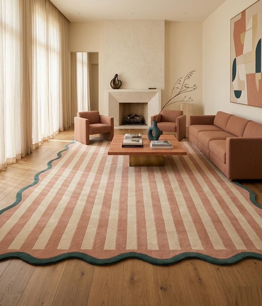 Scalloped Stripe Area Rug, Wavy Border Rug, Modern Handmade Wool Rug, Pink Cream Living Room Rug, Bedroom Carpet, Soft Rugs Custom Size Rug