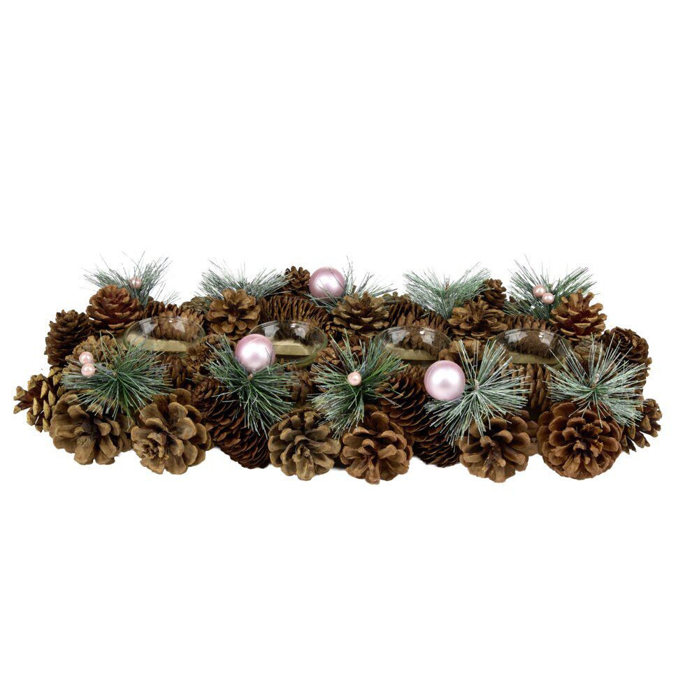 Centre de table décoration pin et boules de No&euml;l 4 photophores bois et verre L47X17XH9 cm