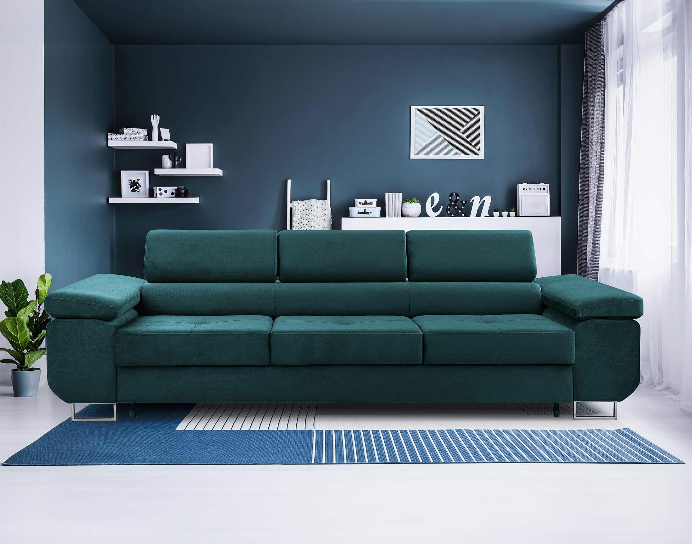 PABLO - Canapé droit convertible 3 places en velours bleu canard