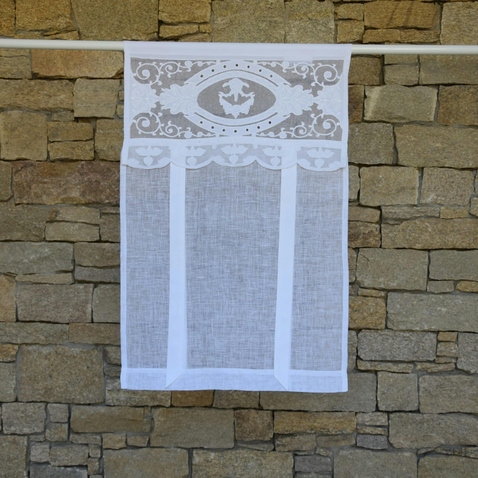 BERGERAC - Store en lin blanc et broderies 35X120 CM