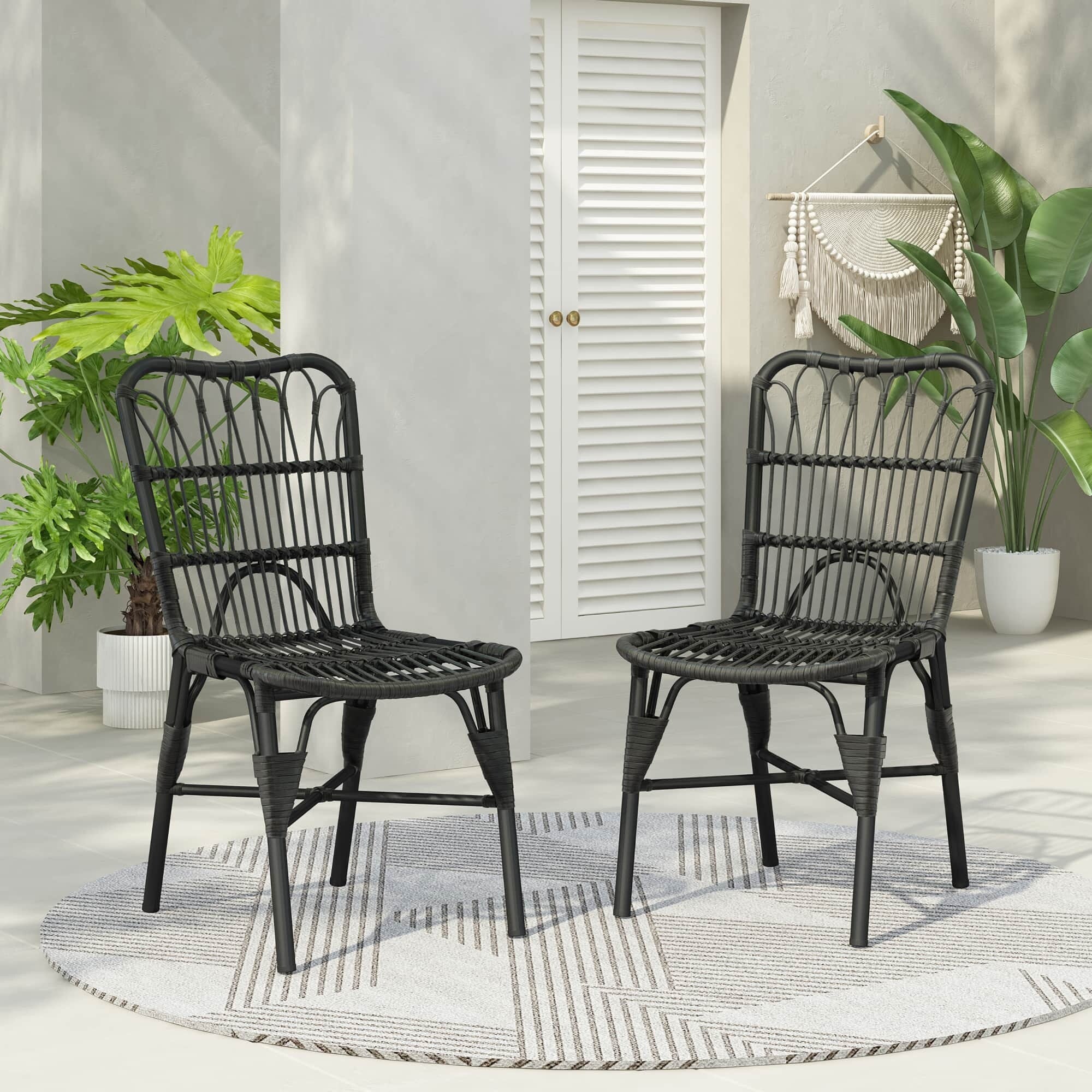 Set of 2 Outdoor PE Wicker and Iron Frame Dining Chairs, No Assembly