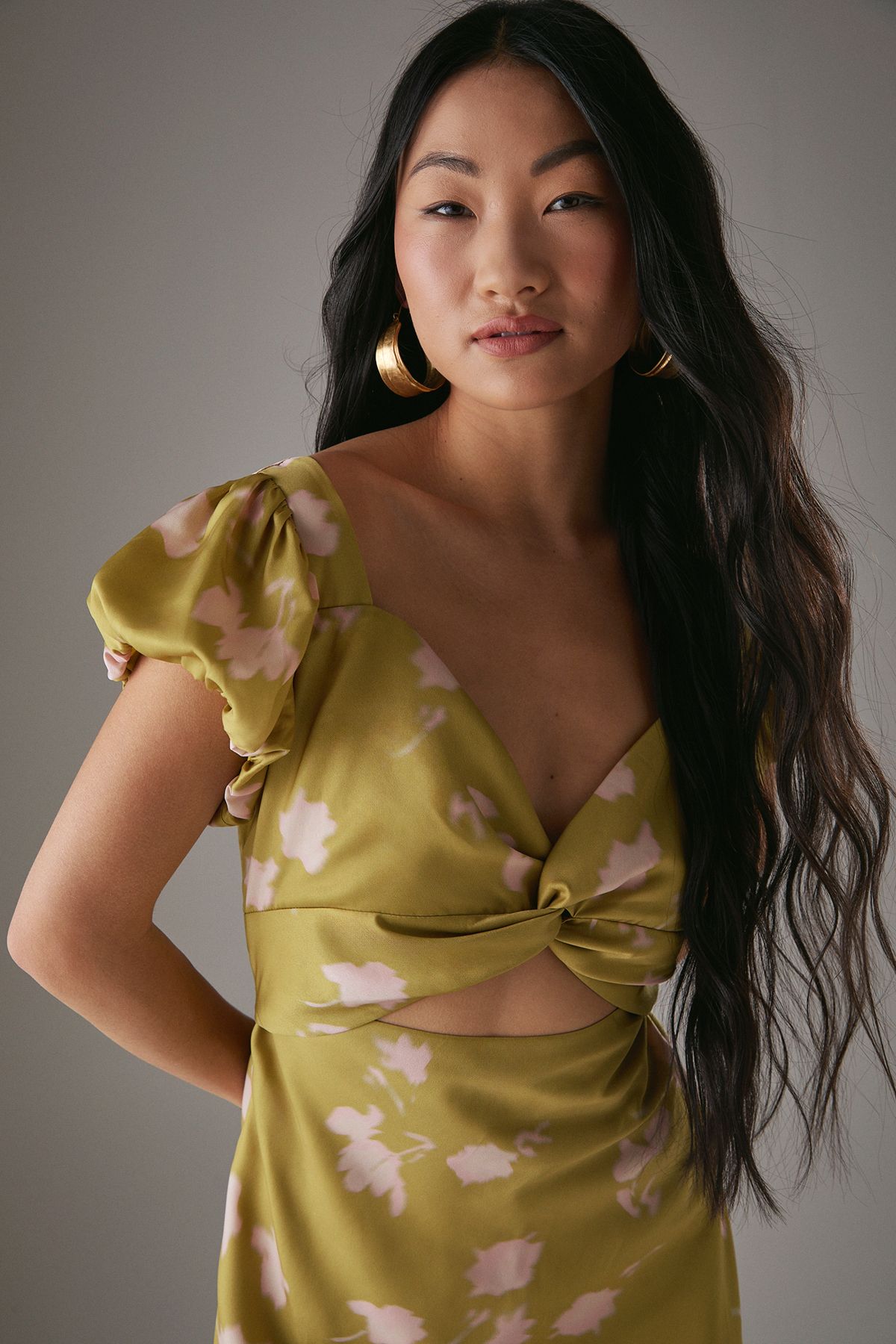 Warehouse Petite Satin Knot Front Cut Out Midi Dress