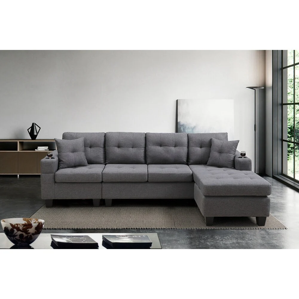 Sectional Sofa Living Room with L Shape Chaise Lounge and cup holder