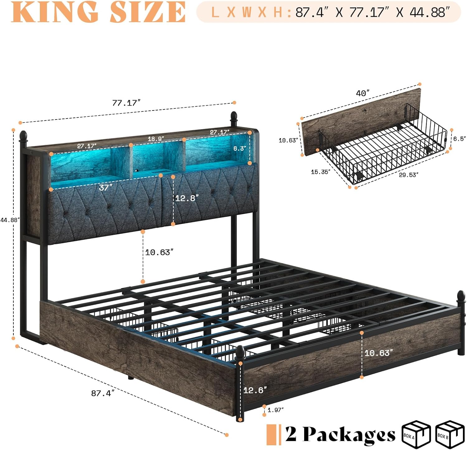 King Bed Frame with 3-Tier Storage Headboard, LED & Charging Station Metal Platform Bed with 4 Storage Drawers, Hidden Areas, Noise-Free/No Box Spring Needed/Metal Support,Rustic Grey
