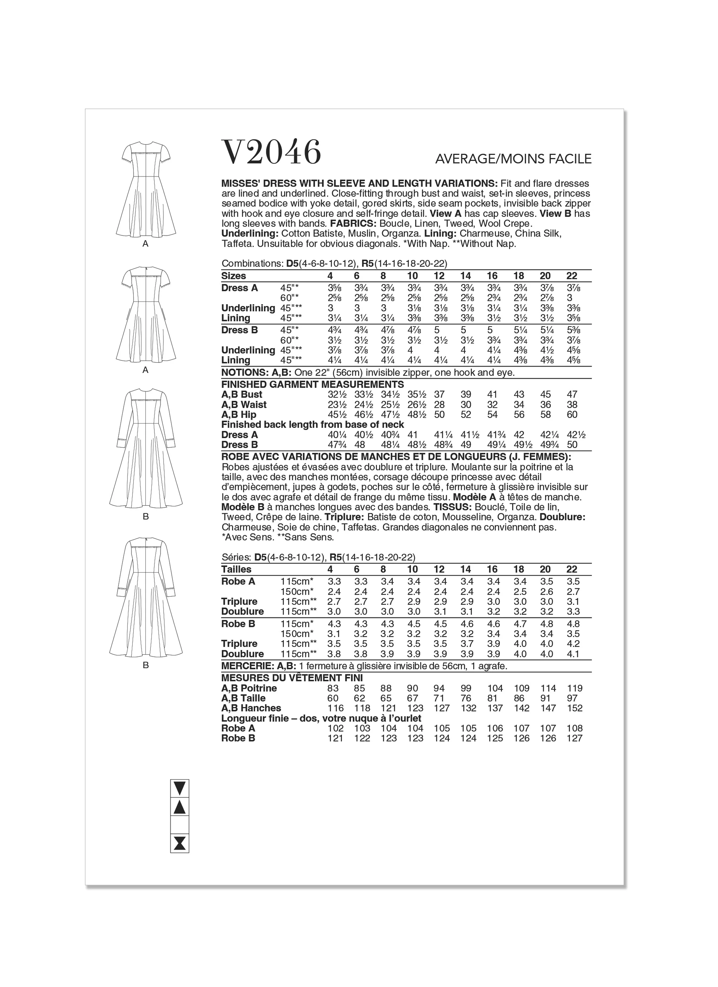 Vogue Pattern V2046 Misses' Dress with Sleeve and Length Variations