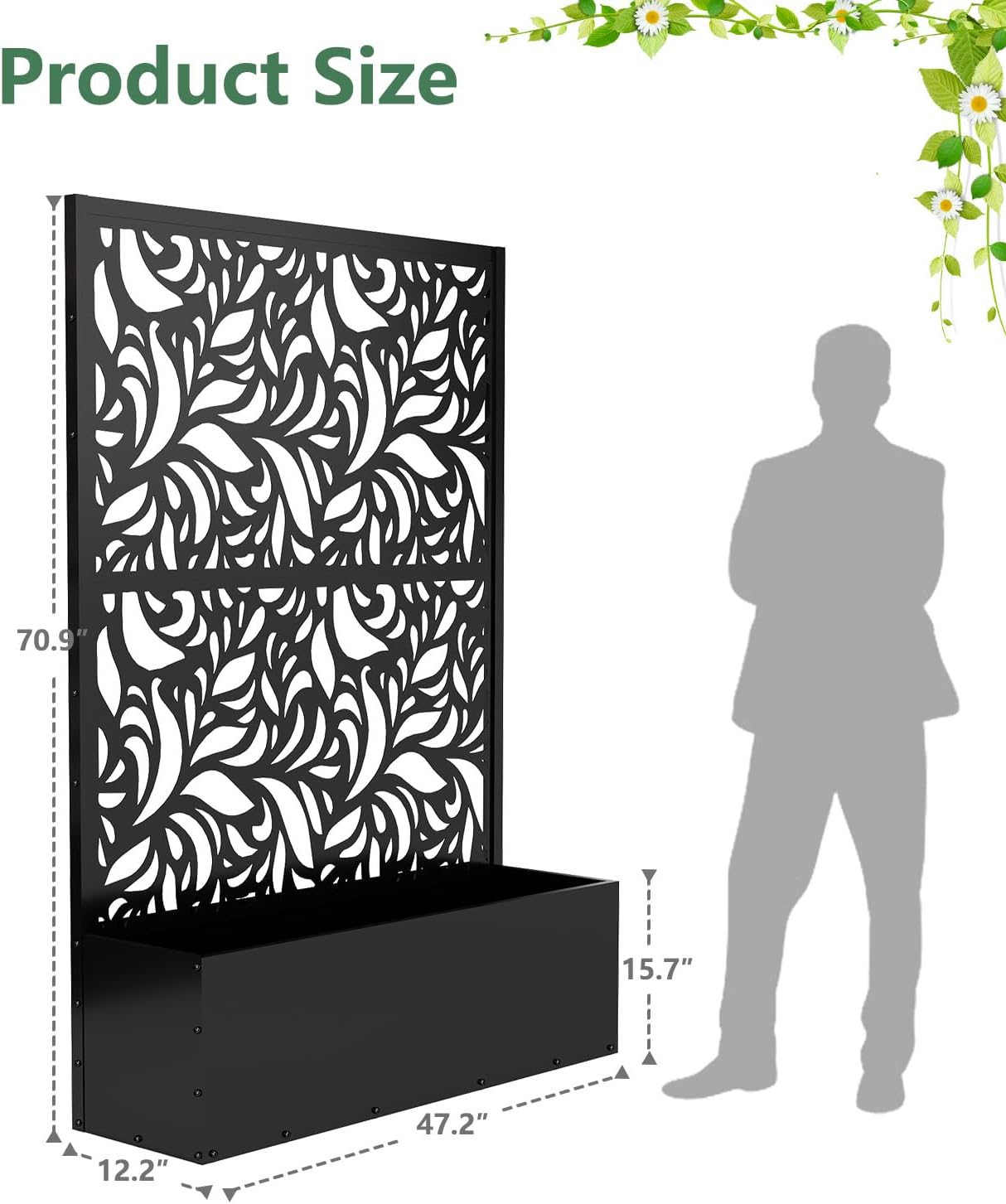2PCS Metal Planter Box with Trellis 70.9x47.2x15.7 Raised Garden Bed with Drainage Holes  Privacy Planters for Outdoor Garden Bed for Climbing Plants Vegetables and Vines  Black-Flower
