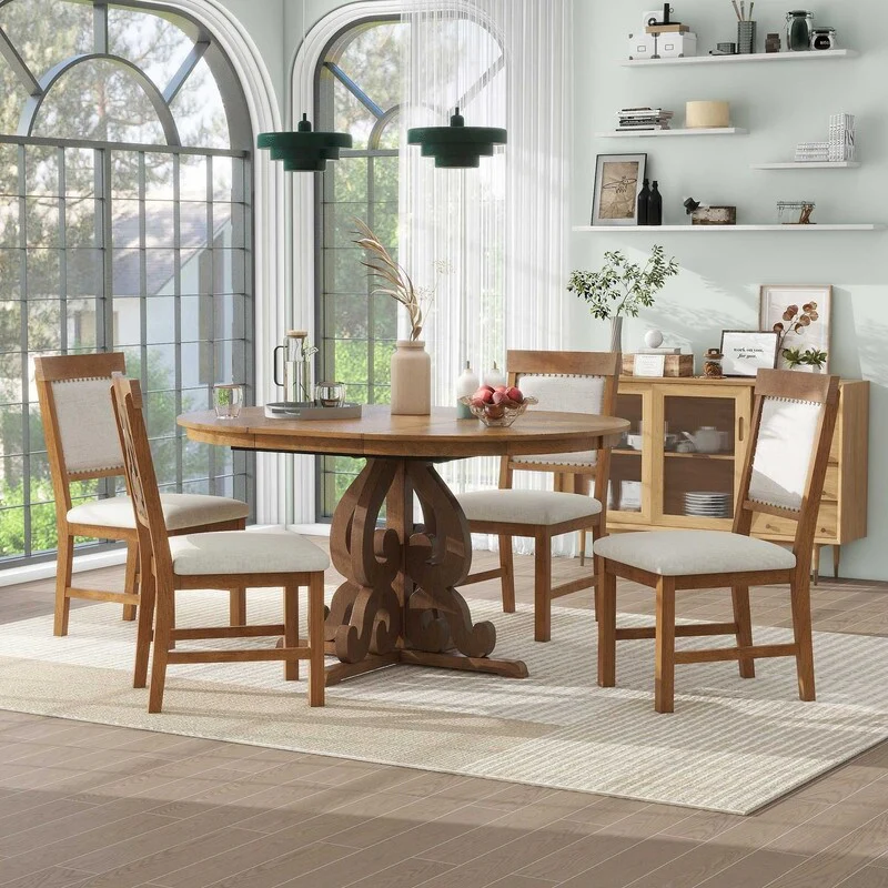 5-Piece Retro Functional Dining Set, 1 Extendable Table with a 16-inch Leaf and 4 Upholstered Chairs for Dining Room and Kitchen